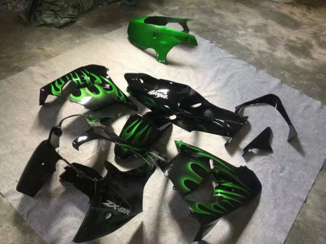 Kawasaki ZX9R 2000-2001 Verkleidungen - Glänzend Schwarze Grüne Flamme Verkauf